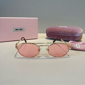 NWOT Miu Miu Gold Frame Sunglasses with Pink Lenses Full Set